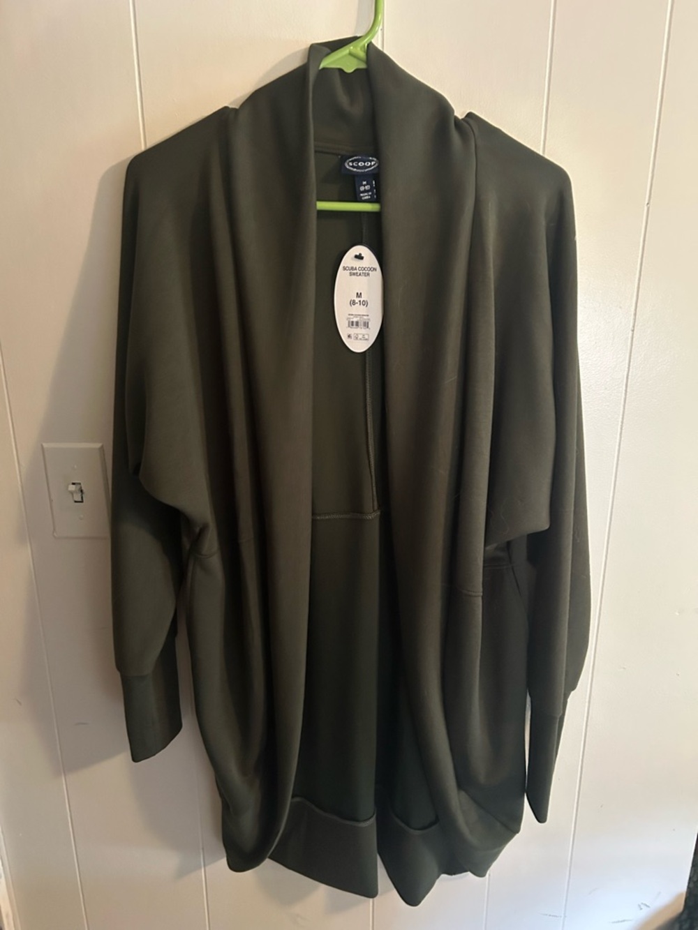 Scoop Deep Olive Open-Front Draped Cocoon Scuba Knit Cardigan Sweater - NWT
